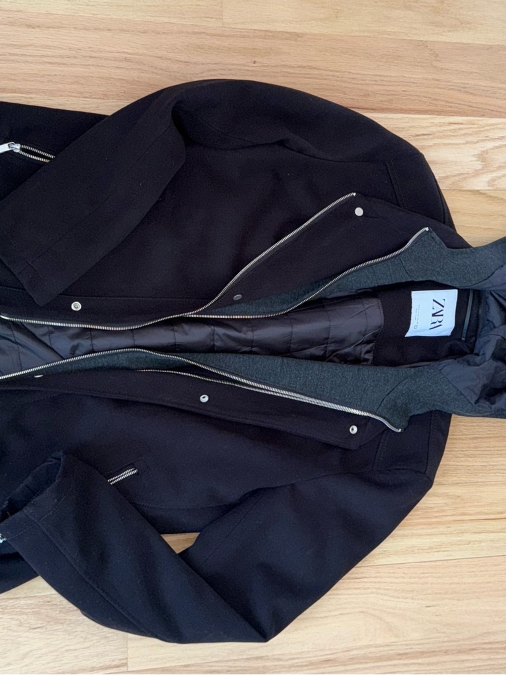 Zara Men Black Hooded Wool-Blend Pea Coat